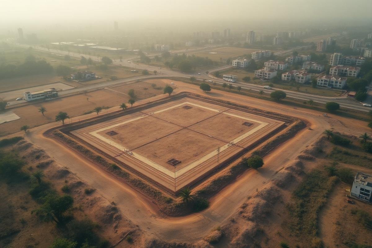 Aerial view of a surveyed land plot on the edge of a city